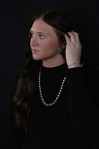 Western Faux Stamped Sterling Pearl Necklace with Saucers & Turquoise — 24 Inch