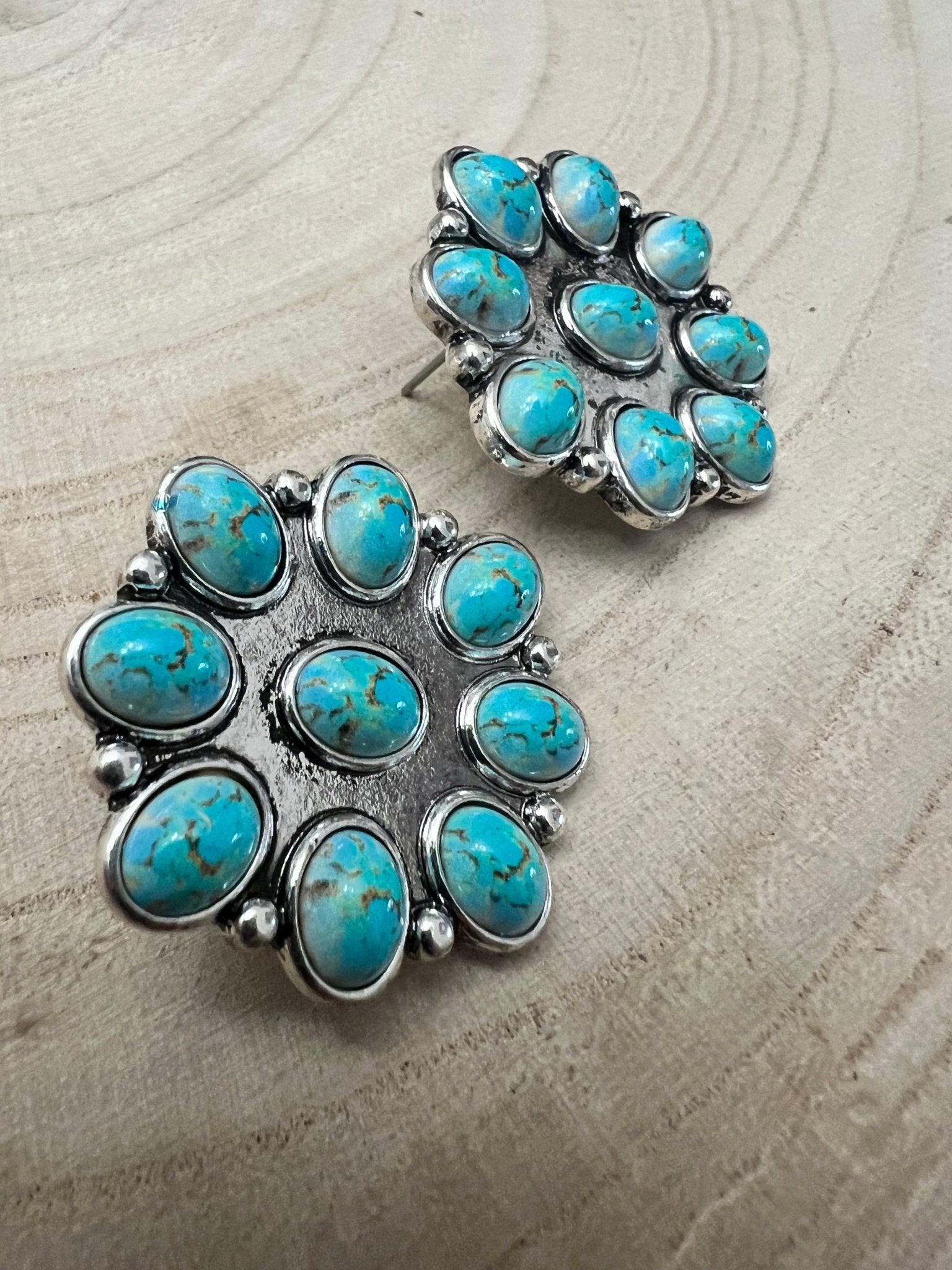 Western Faux Turquoise Cluster Earrings — Oxidized Silver 1" Statement