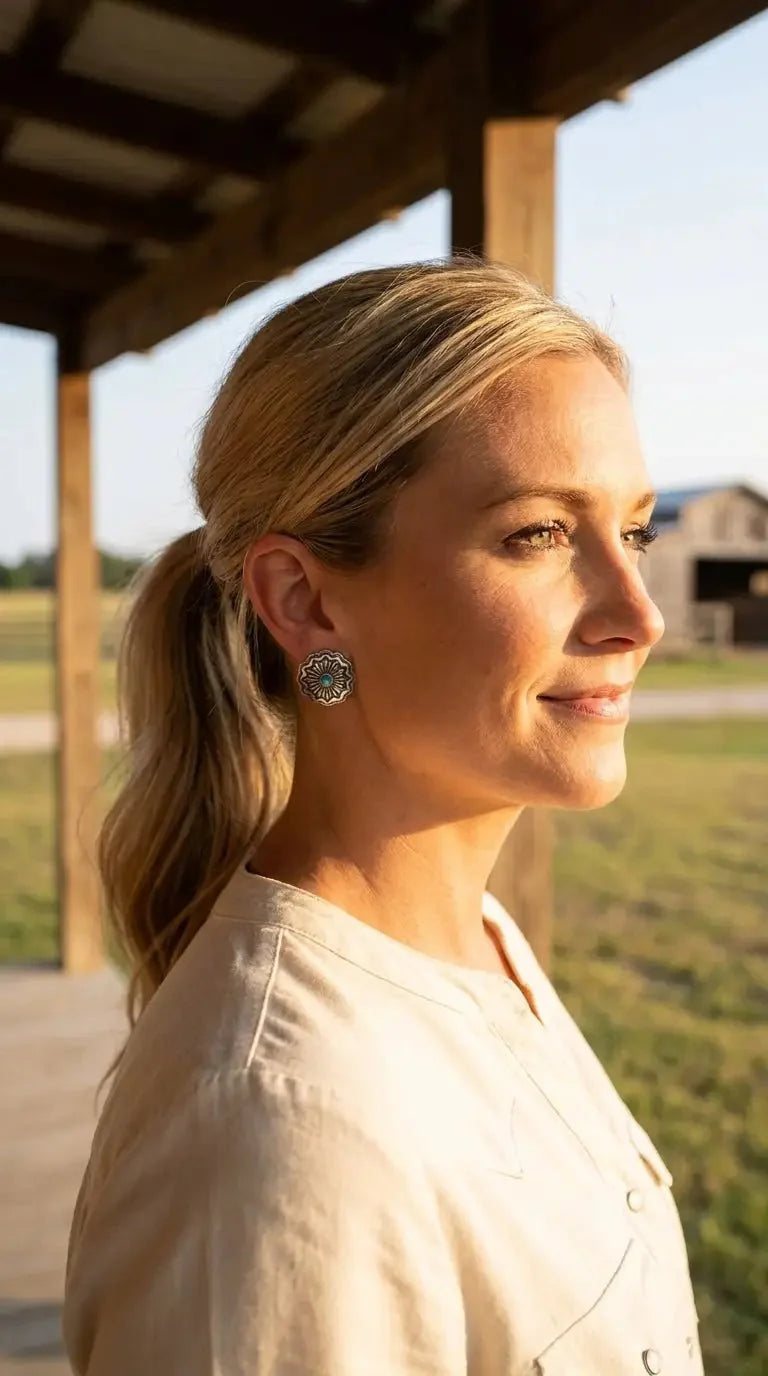 Western Faux Turquoise Concho Post Earrings — Petite 3/4" Drop