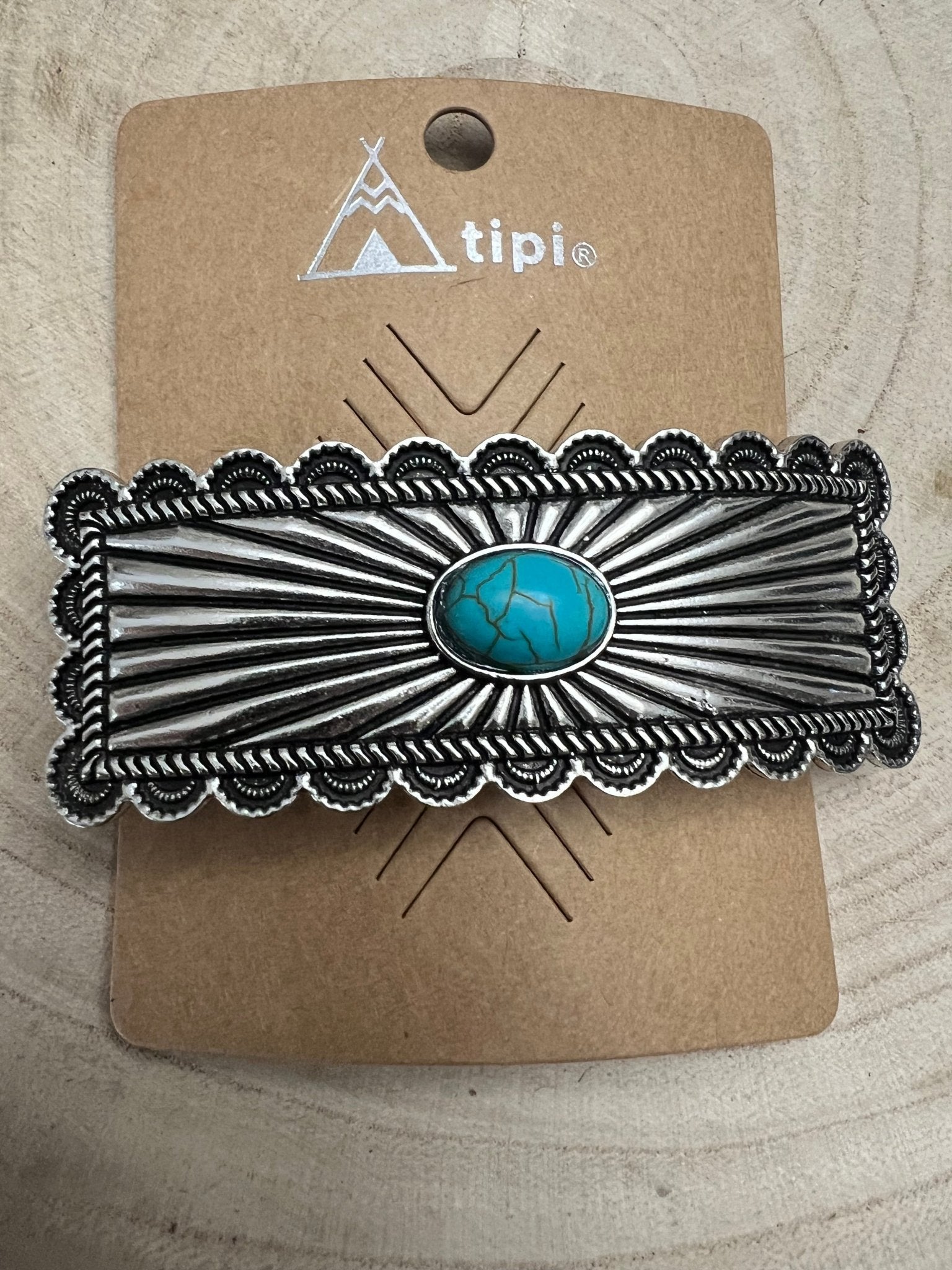 Western Faux Turquoise Etched Silver Hair Barrette — 3" Old West Hair Statement