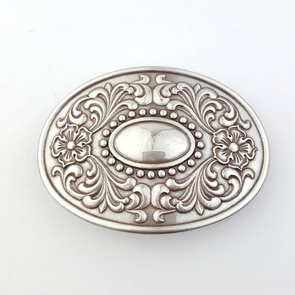 Western Floral Etched Belt Buckle — Premium Silver Plating with Intricate Floral Etching