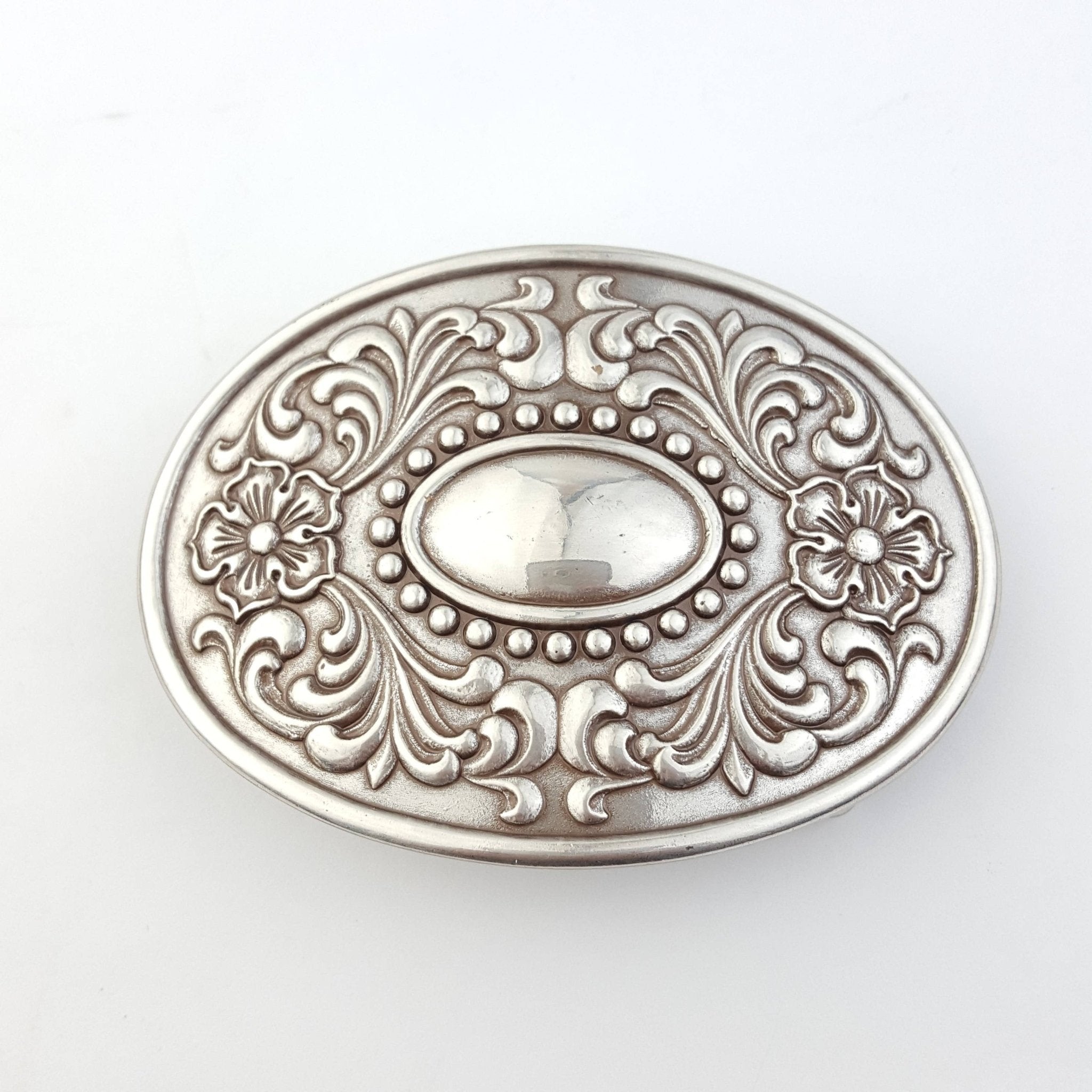 Western Floral Etched Belt Buckle — Premium Silver Plating with Intricate Floral Etching