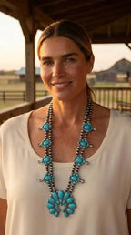 Western Huge Double-Strand Faux Turquoise Squash Blossom Statement Necklace — 32 Inch