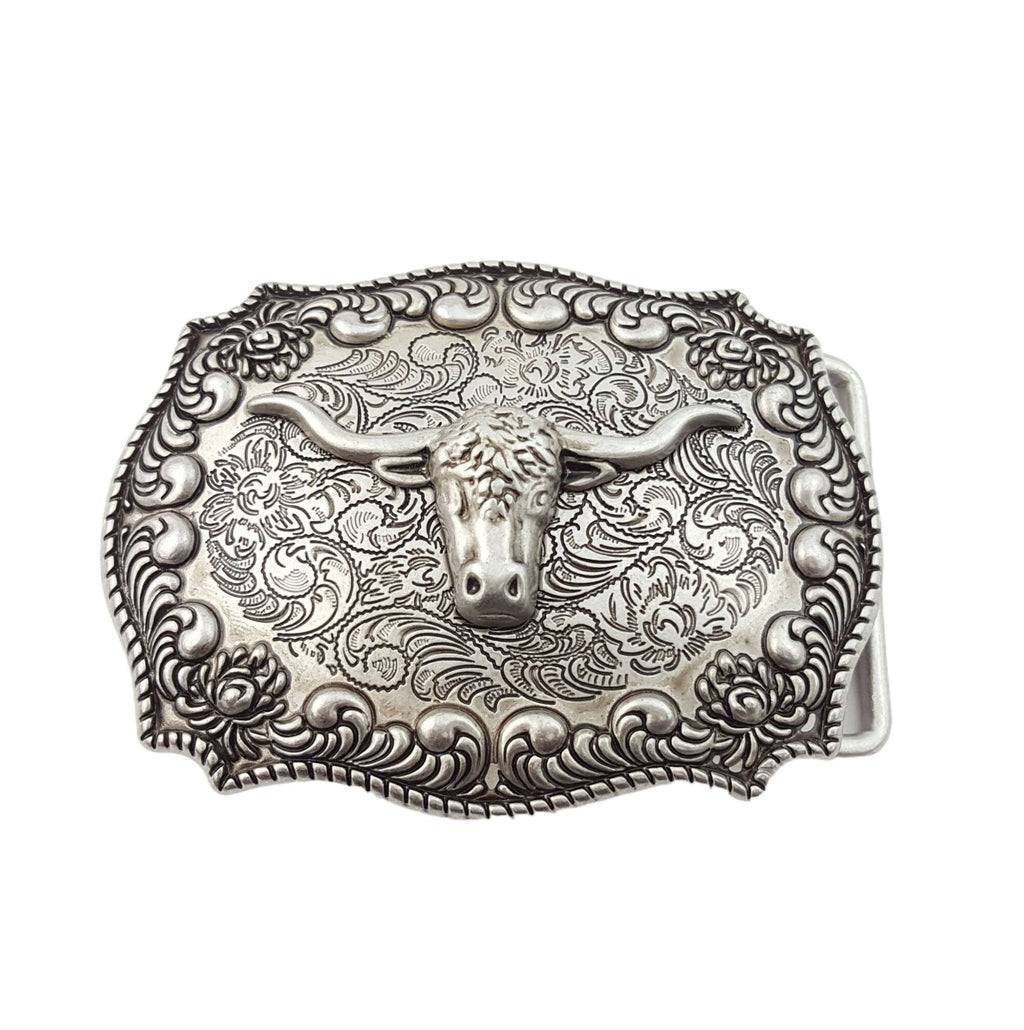 Western Long Horn Belt Buckle — Dark Antique Nickel with Rope Edge Border