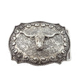 Western Long Horn Belt Buckle — Dark Antique Nickel with Rope Edge Border