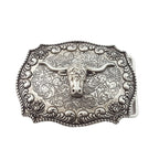 Western Long Horn Belt Buckle — Dark Antique Nickel with Rope Edge Border