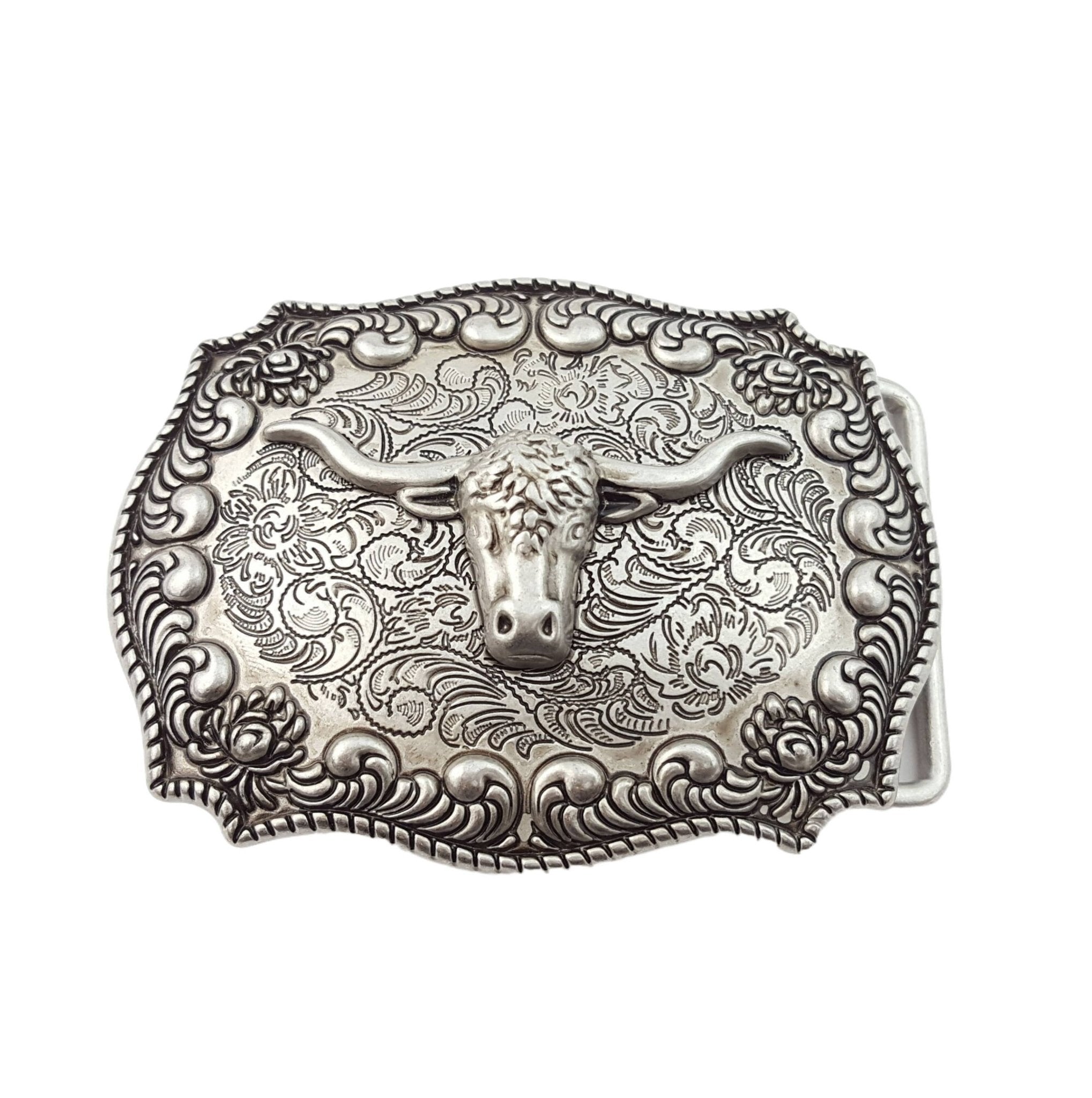 Western Long Horn Belt Buckle — Dark Antique Nickel with Rope Edge Border
