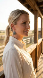 Western Oval Concho Earrings with Faux Turquoise — 1" Drop