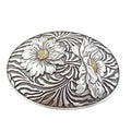 Western Oval Sunflower Belt Buckle — Premium Silver Plating with Gold Trim Accent