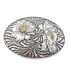 Western Oval Sunflower Belt Buckle — Premium Silver Plating with Gold Trim Accent