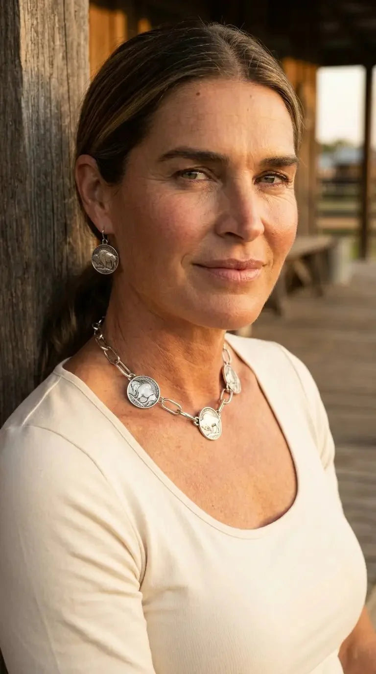 Western Rustic Buffalo Coin Choker & Earring Set — Burnished Silver Western Jewelry Duo