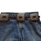 Western Silver Rectangular Concho Distressed Leather Belt — Brown or Black