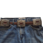 Western Silver Rectangular Concho Distressed Leather Belt — Brown or Black