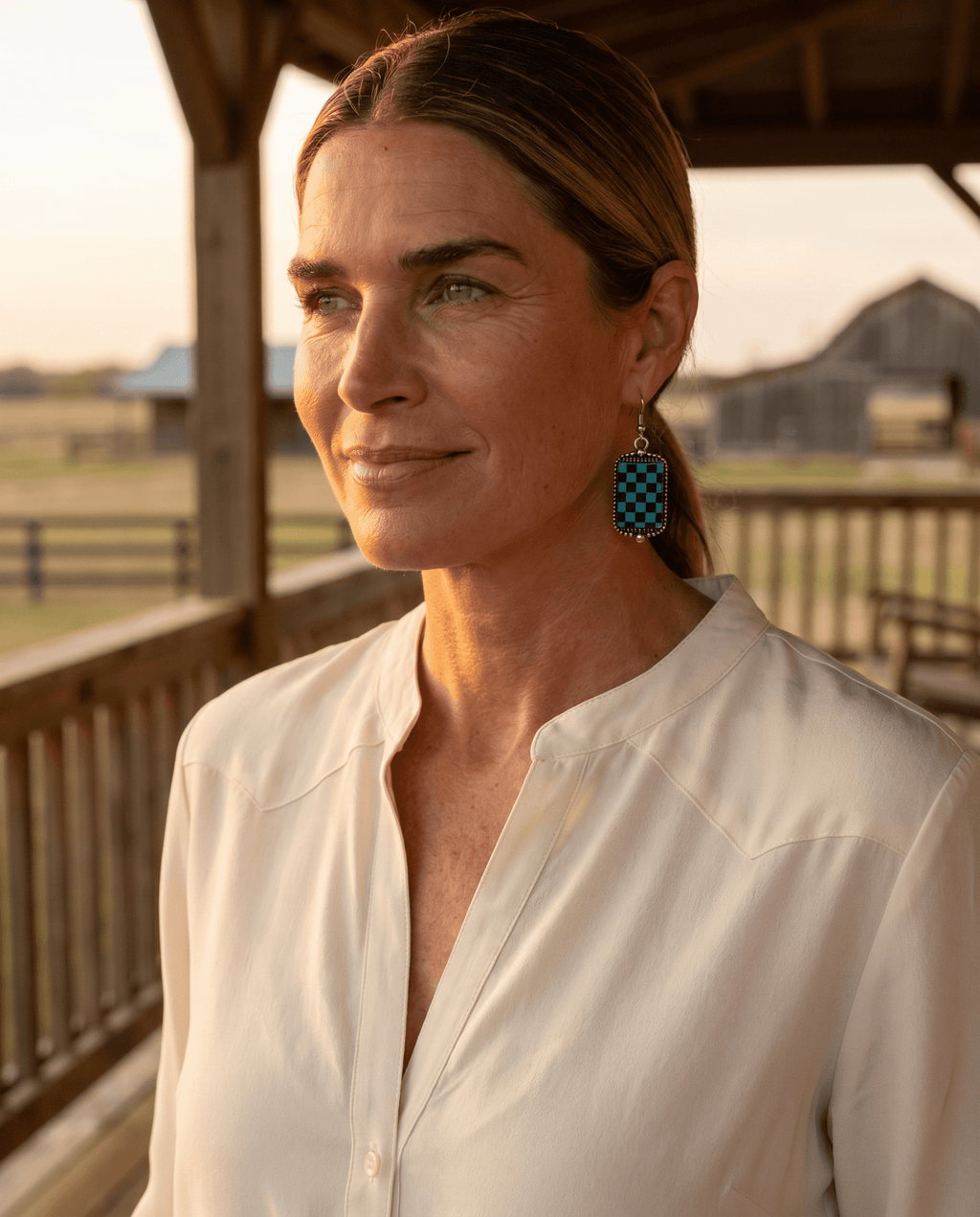 Western Turqoise and Black Checkered Rectangle Earrings — 1½" Drop