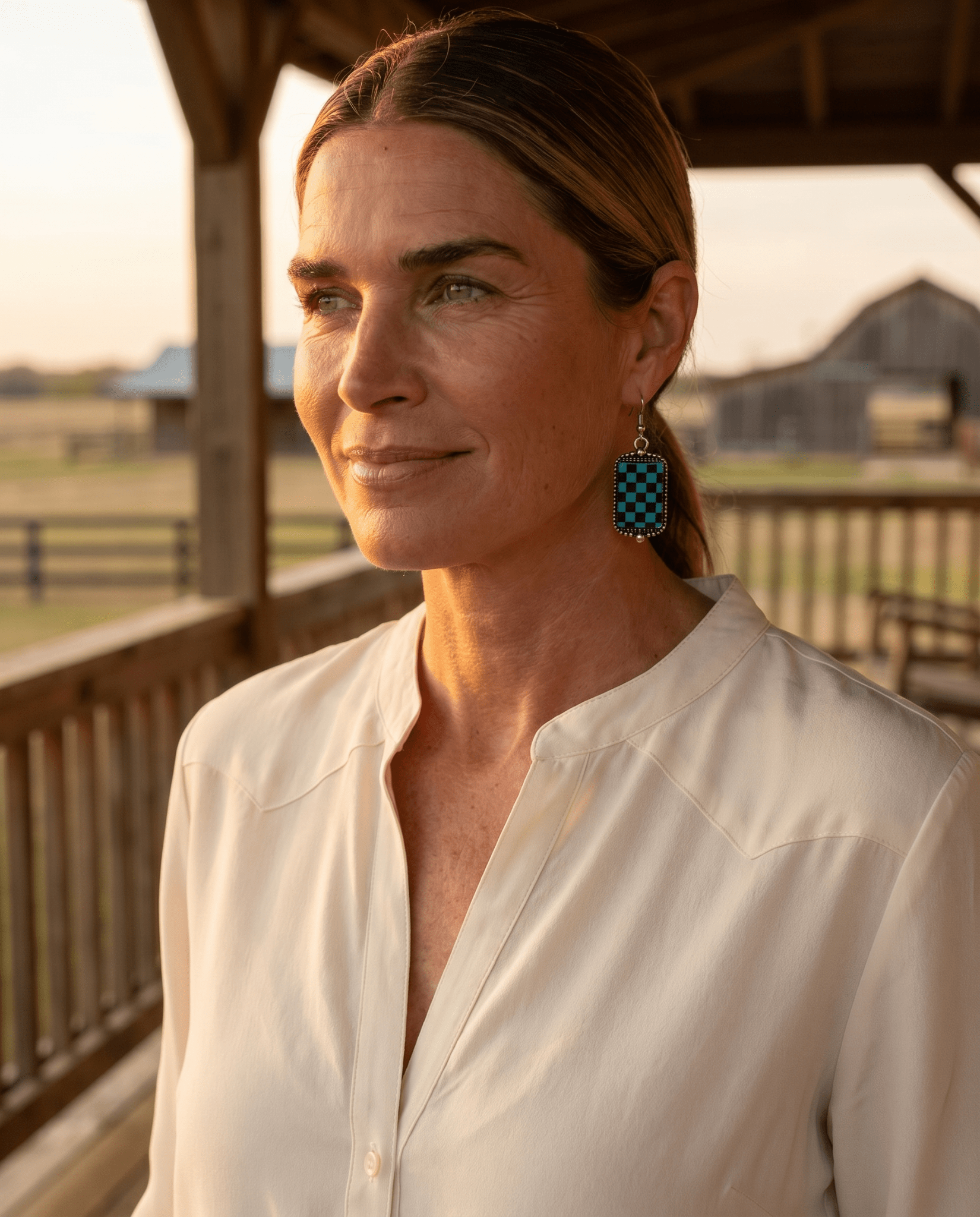 Western Turqoise and Black Checkered Rectangle Earrings — 1½" Drop