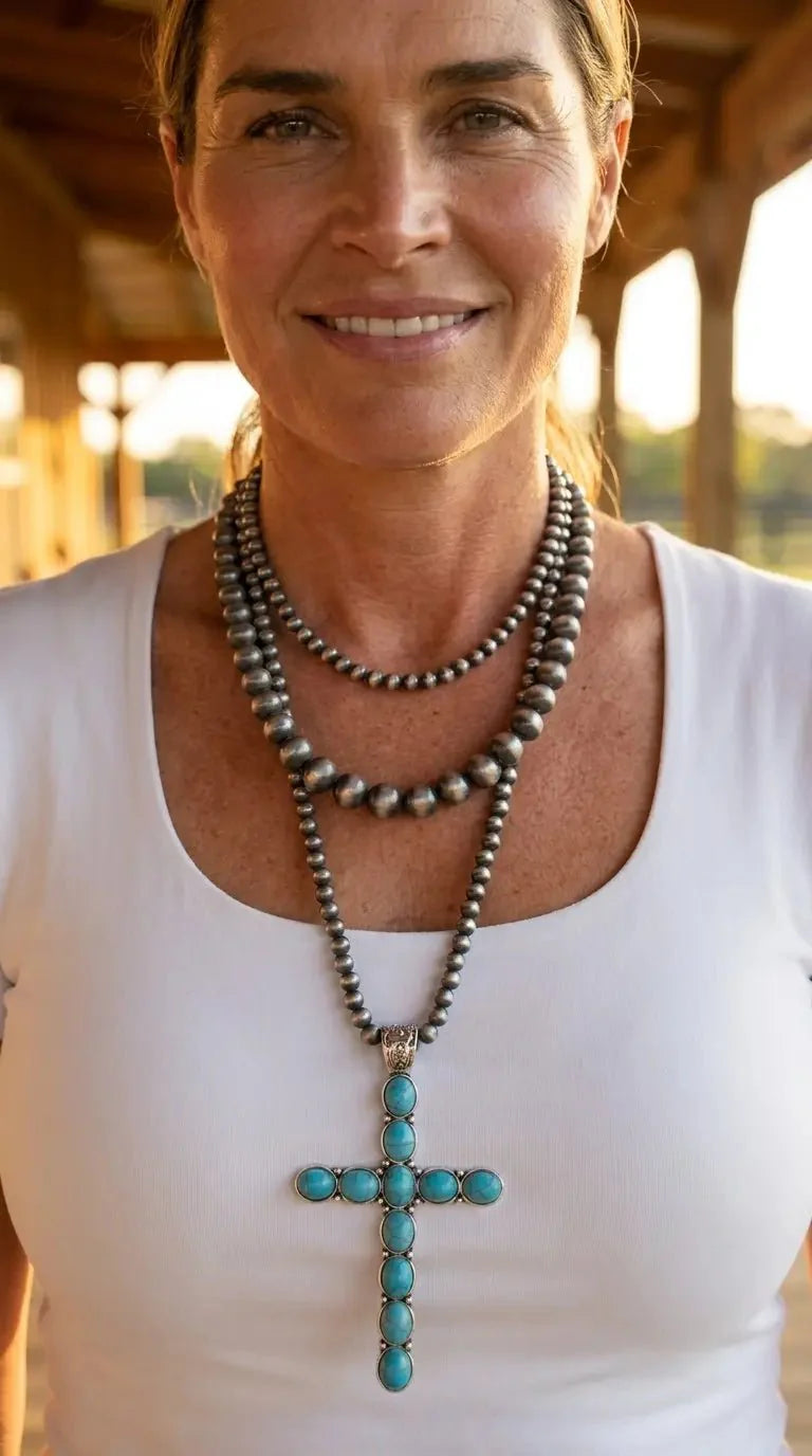 Western Turquoise Cross Three-Layered Necklace — Faux Pearl Trio with 3" Cross Pendant