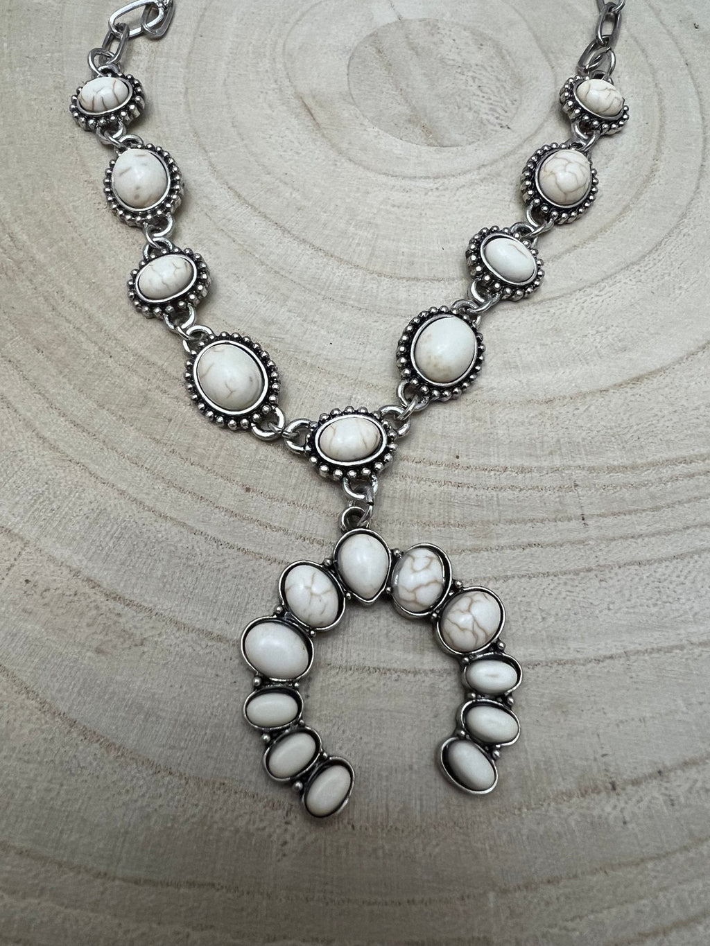 Western White Stone Faux Squash Blossom Necklace — 16 Inch Southwestern Statement