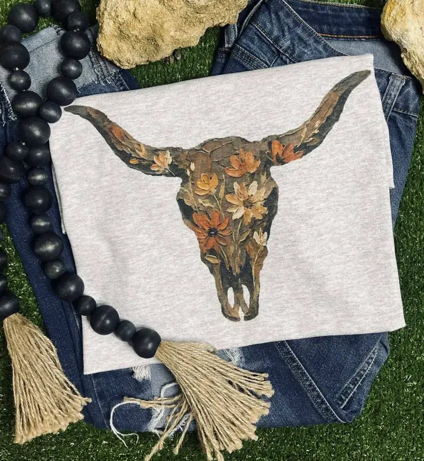 Vintage Wildflower Bull Skull Western Boho Graphic Tee — Cotton-Poly Blend Desert Botanical