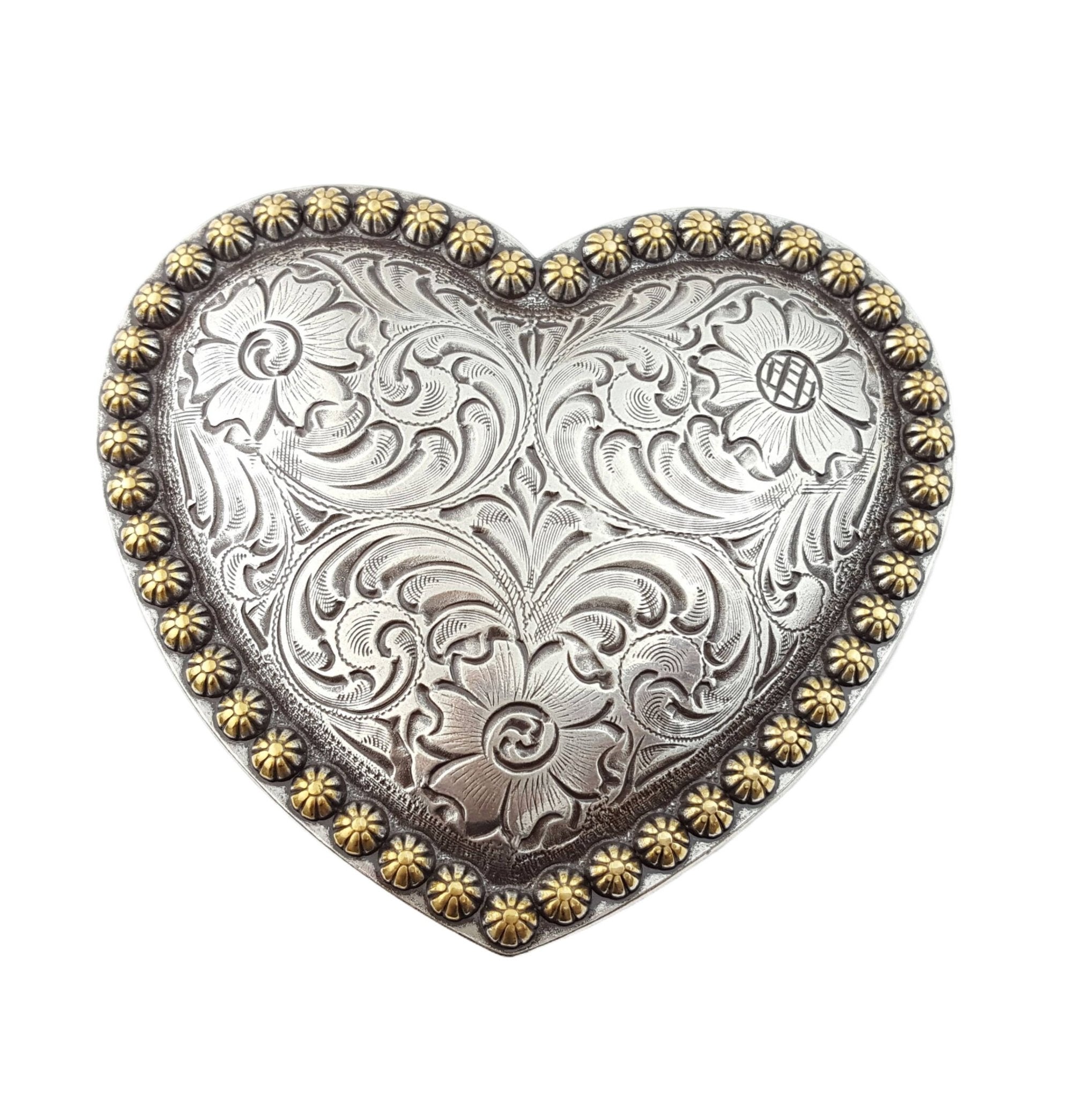 "Your Heart or Mine" Western Heart Belt Buckle — Shiny Silver with Elegant Gold Trim