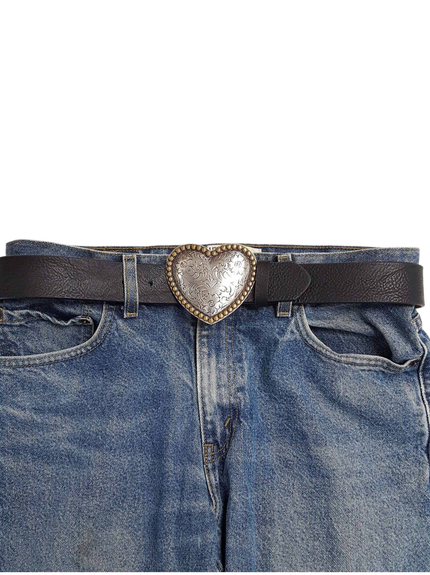 "Your Heart or Mine" Western Heart Belt Buckle — Shiny Silver with Elegant Gold Trim
