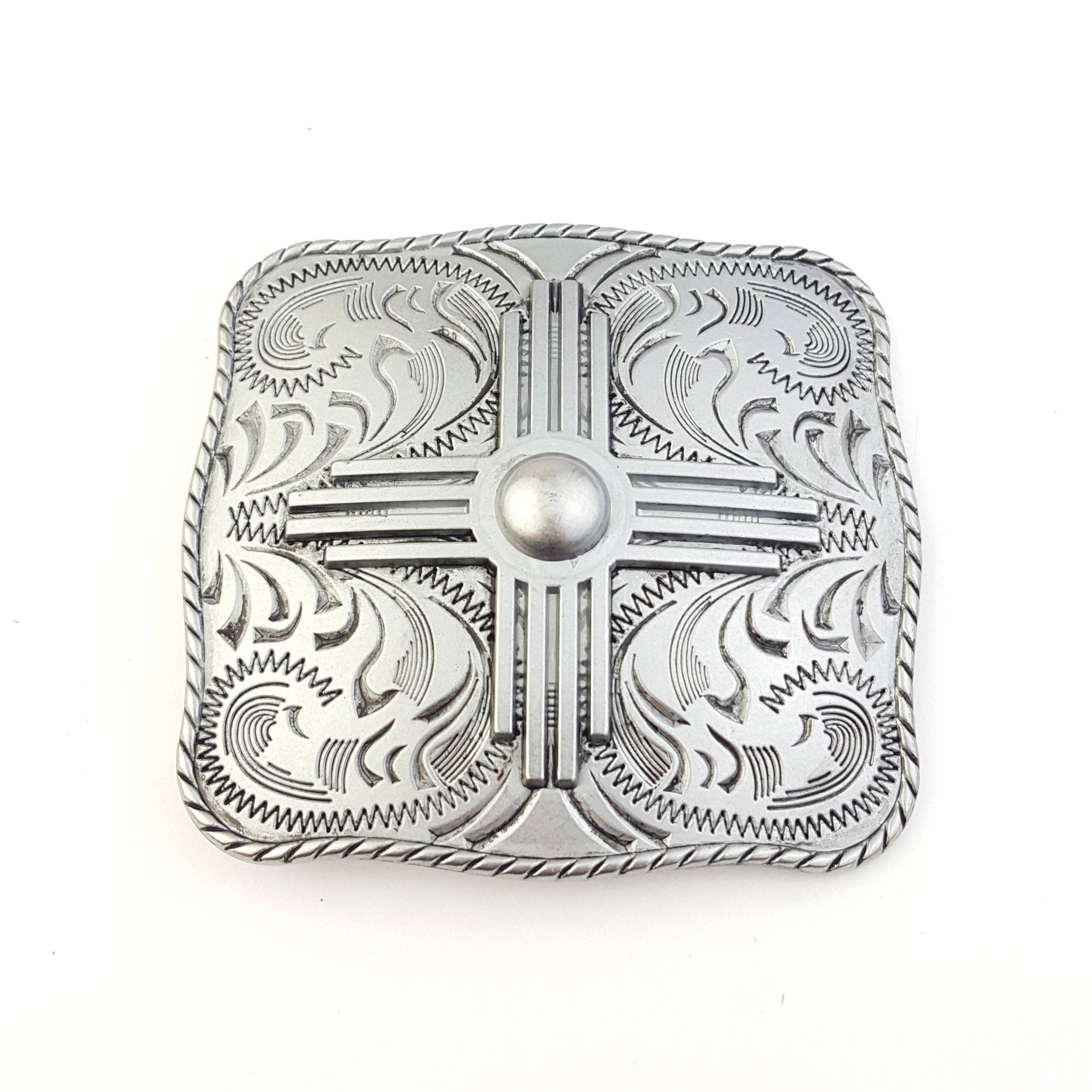 "Zia" Western Belt Buckle — Punchy Silver with Rope Edge, Etched Details & Southwestern Zia Overlay