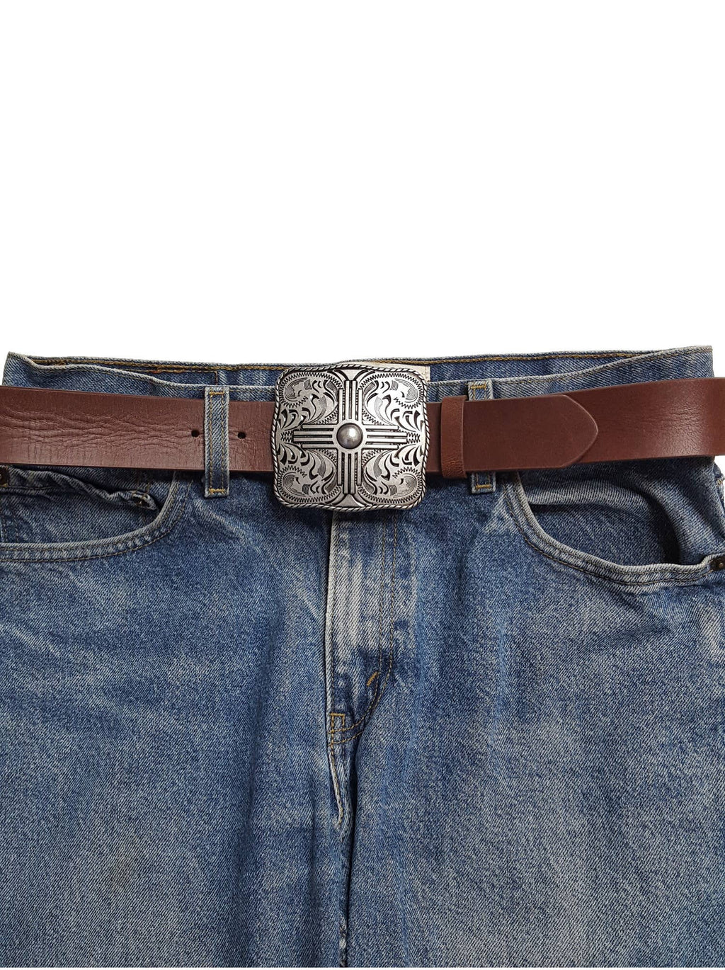 "Zia" Western Belt Buckle — Punchy Silver with Rope Edge, Etched Details & Southwestern Zia Overlay