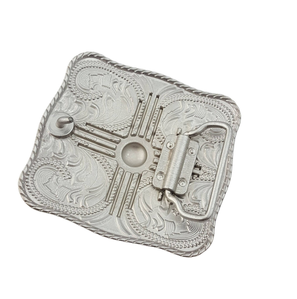 "Zia" Western Belt Buckle — Punchy Silver with Rope Edge, Etched Details & Southwestern Zia Overlay